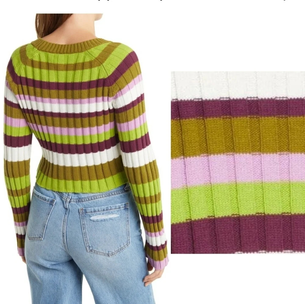 Abound Striped Cropped Sweater Green White Pink Burgandy Stretchy Size XL - Picture 2 of 9